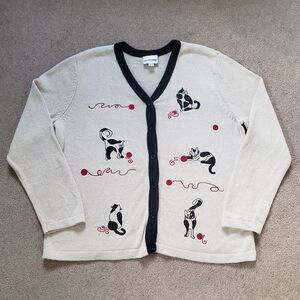 VTG Breckenridge Cat Yarn Embroidered Cardigan Sweater  Cottagecore Beige Size L